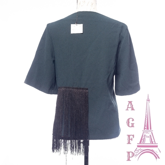 💖 2/$30 NWT Zara boho Fringe boxy dark green blouse top art to wear size XS - Picture 9 of 15